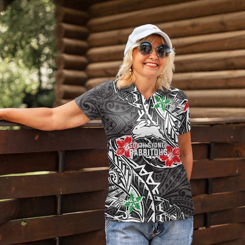 Personalised South Sydney Rabbitohs Women Polo Shirt Polynesian Tribal Pattern With Rugby Rabbit Mascot Art