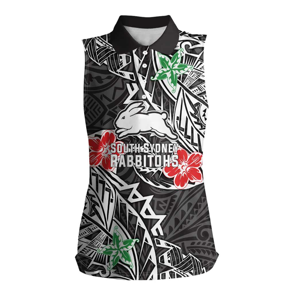 Personalised South Sydney Rabbitohs Women Sleeveless Polo Shirt Polynesian Tribal Pattern With Rugby Rabbit Mascot Art