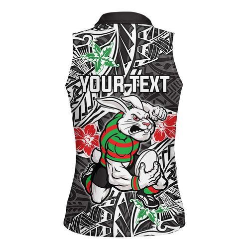Personalised South Sydney Rabbitohs Women Sleeveless Polo Shirt Polynesian Tribal Pattern With Rugby Rabbit Mascot Art