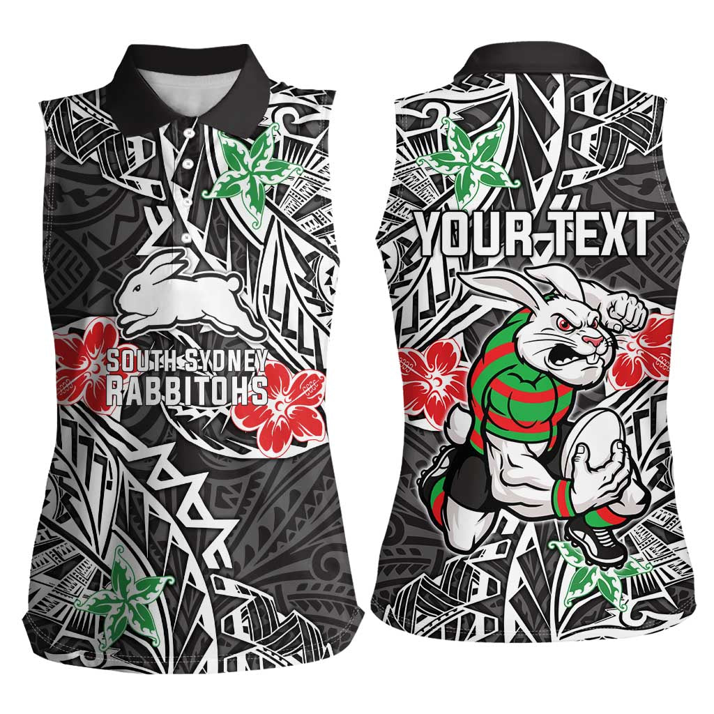Personalised South Sydney Rabbitohs Women Sleeveless Polo Shirt Polynesian Tribal Pattern With Rugby Rabbit Mascot Art