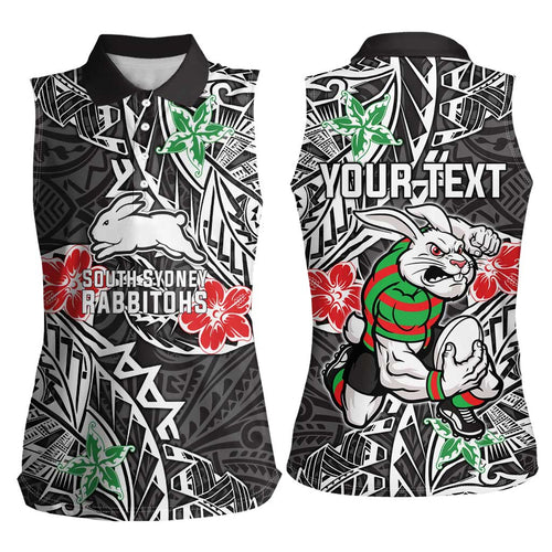 Personalised South Sydney Rabbitohs Women Sleeveless Polo Shirt Polynesian Tribal Pattern With Rugby Rabbit Mascot Art