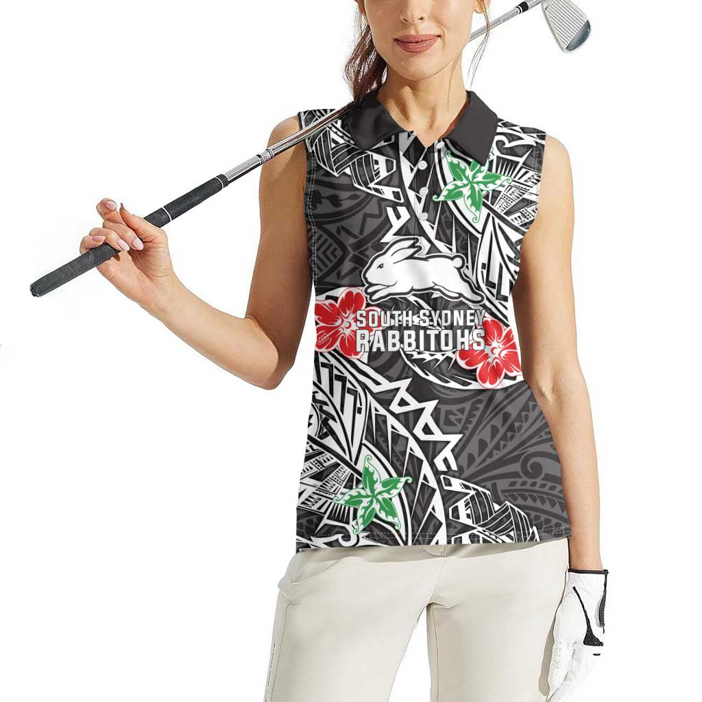 Personalised South Sydney Rabbitohs Women Sleeveless Polo Shirt Polynesian Tribal Pattern With Rugby Rabbit Mascot Art