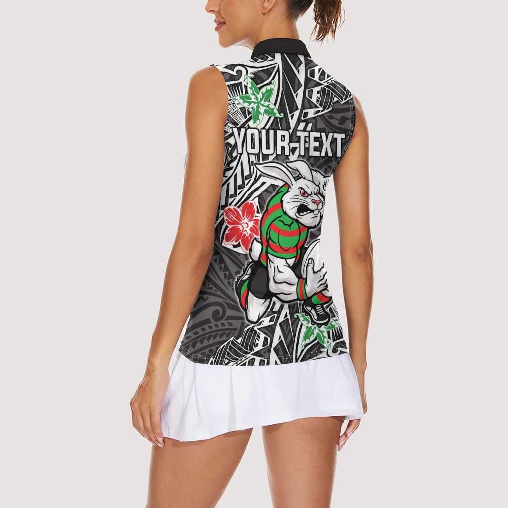 Personalised South Sydney Rabbitohs Women Sleeveless Polo Shirt Polynesian Tribal Pattern With Rugby Rabbit Mascot Art
