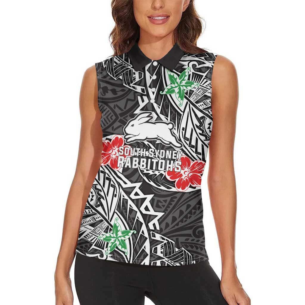 Personalised South Sydney Rabbitohs Women Sleeveless Polo Shirt Polynesian Tribal Pattern With Rugby Rabbit Mascot Art