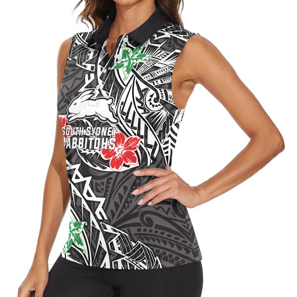 Personalised South Sydney Rabbitohs Women Sleeveless Polo Shirt Polynesian Tribal Pattern With Rugby Rabbit Mascot Art