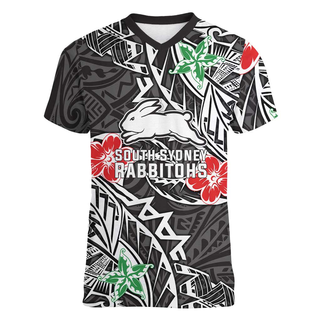 Personalised South Sydney Rabbitohs Women V-Neck T-Shirt Polynesian Tribal Pattern With Rugby Rabbit Mascot Art