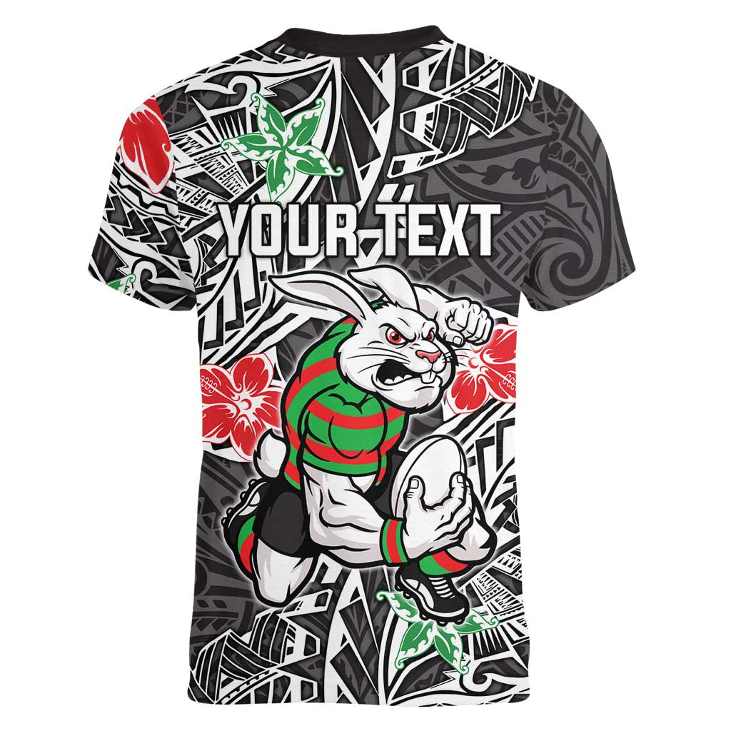 Personalised South Sydney Rabbitohs Women V-Neck T-Shirt Polynesian Tribal Pattern With Rugby Rabbit Mascot Art