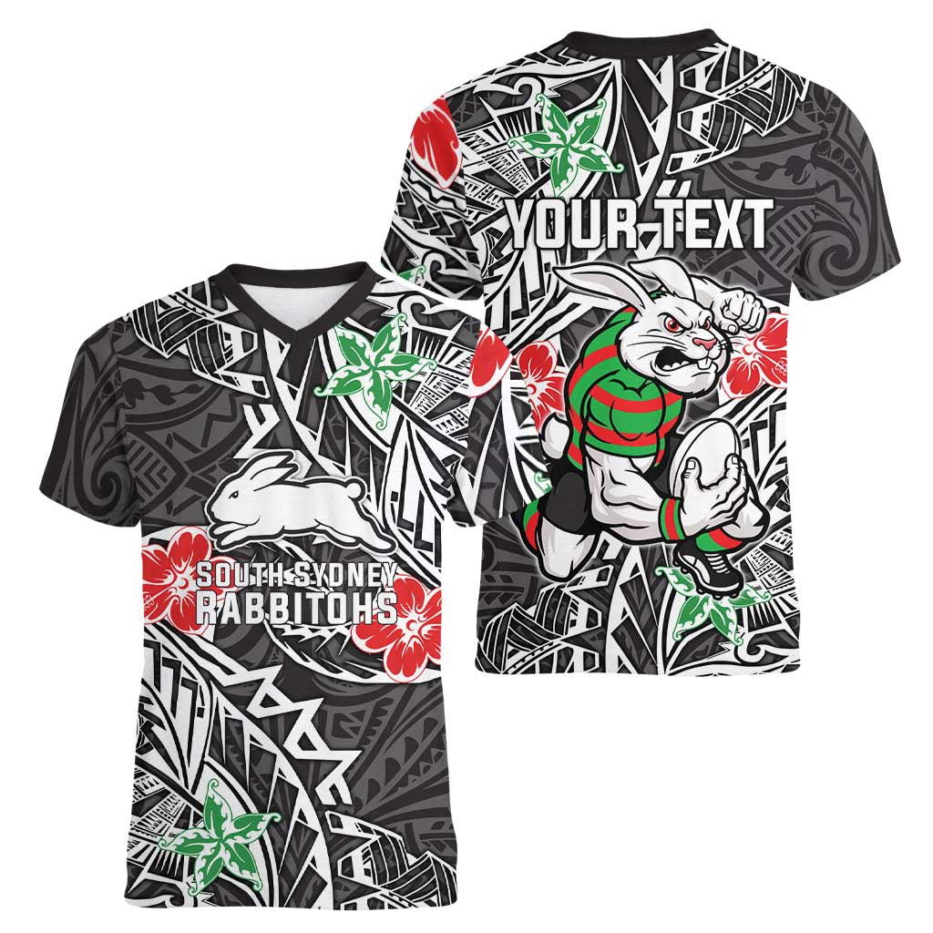 Personalised South Sydney Rabbitohs Women V-Neck T-Shirt Polynesian Tribal Pattern With Rugby Rabbit Mascot Art