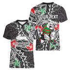 Personalised South Sydney Rabbitohs Women V-Neck T-Shirt Polynesian Tribal Pattern With Rugby Rabbit Mascot Art