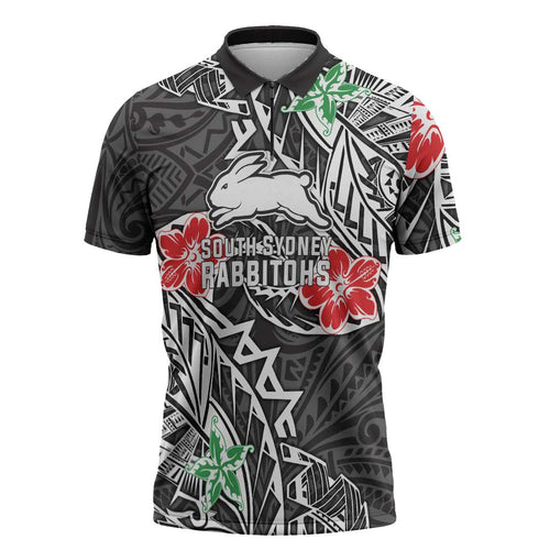 Personalised South Sydney Rabbitohs Zipper Polo Shirt Polynesian Tribal Pattern With Rugby Rabbit Mascot Art