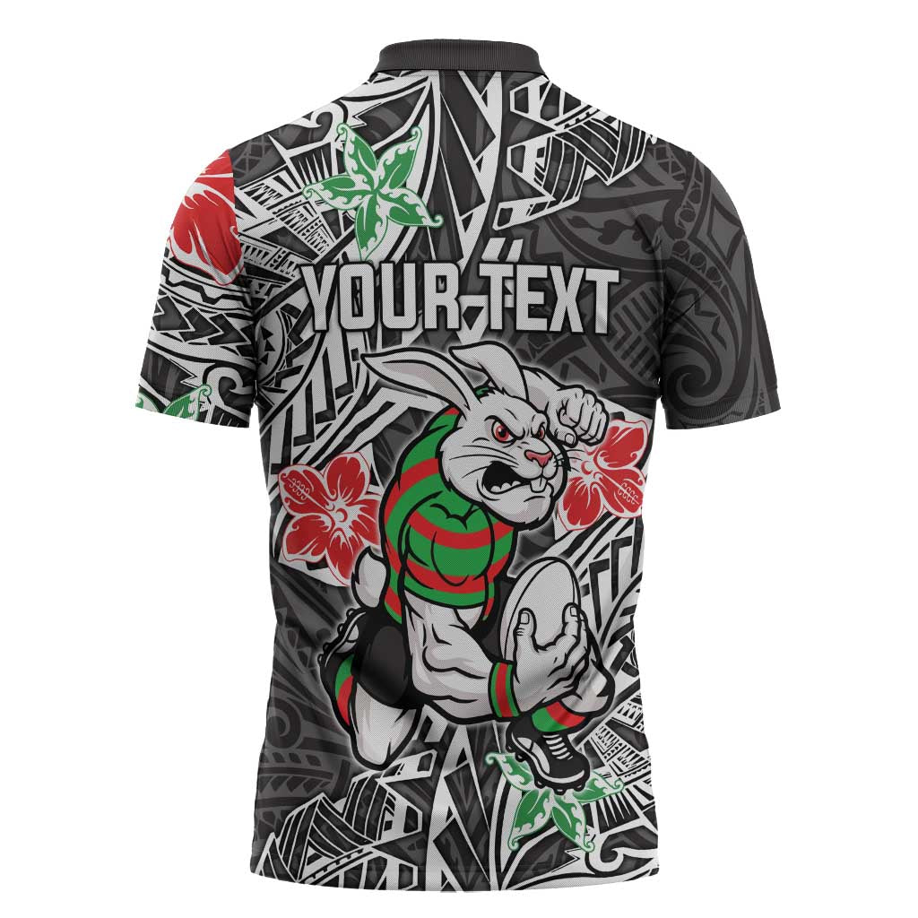 Personalised South Sydney Rabbitohs Zipper Polo Shirt Polynesian Tribal Pattern With Rugby Rabbit Mascot Art