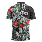 Personalised South Sydney Rabbitohs Zipper Polo Shirt Polynesian Tribal Pattern With Rugby Rabbit Mascot Art