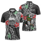 Personalised South Sydney Rabbitohs Zipper Polo Shirt Polynesian Tribal Pattern With Rugby Rabbit Mascot Art