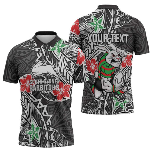 Personalised South Sydney Rabbitohs Zipper Polo Shirt Polynesian Tribal Pattern With Rugby Rabbit Mascot Art
