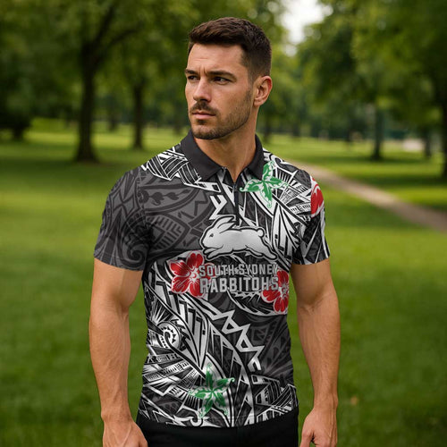 Personalised South Sydney Rabbitohs Zipper Polo Shirt Polynesian Tribal Pattern With Rugby Rabbit Mascot Art