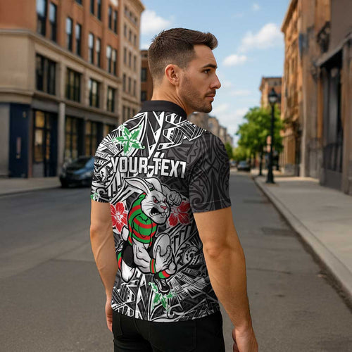 Personalised South Sydney Rabbitohs Zipper Polo Shirt Polynesian Tribal Pattern With Rugby Rabbit Mascot Art