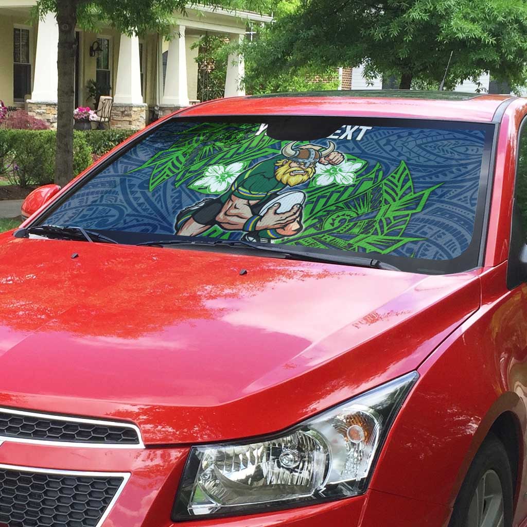 Personalised Canberra Raiders Auto Sun Shade Polynesian Tribal Pattern With Rugby Viking Mascot Art