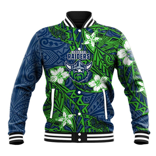 Personalised Canberra Raiders Baseball Jacket Polynesian Tribal Pattern With Rugby Viking Mascot Art