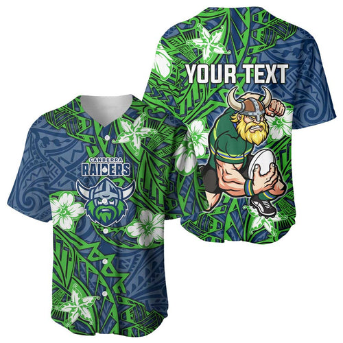Personalised Canberra Raiders Baseball Jersey Polynesian Tribal Pattern With Rugby Viking Mascot Art