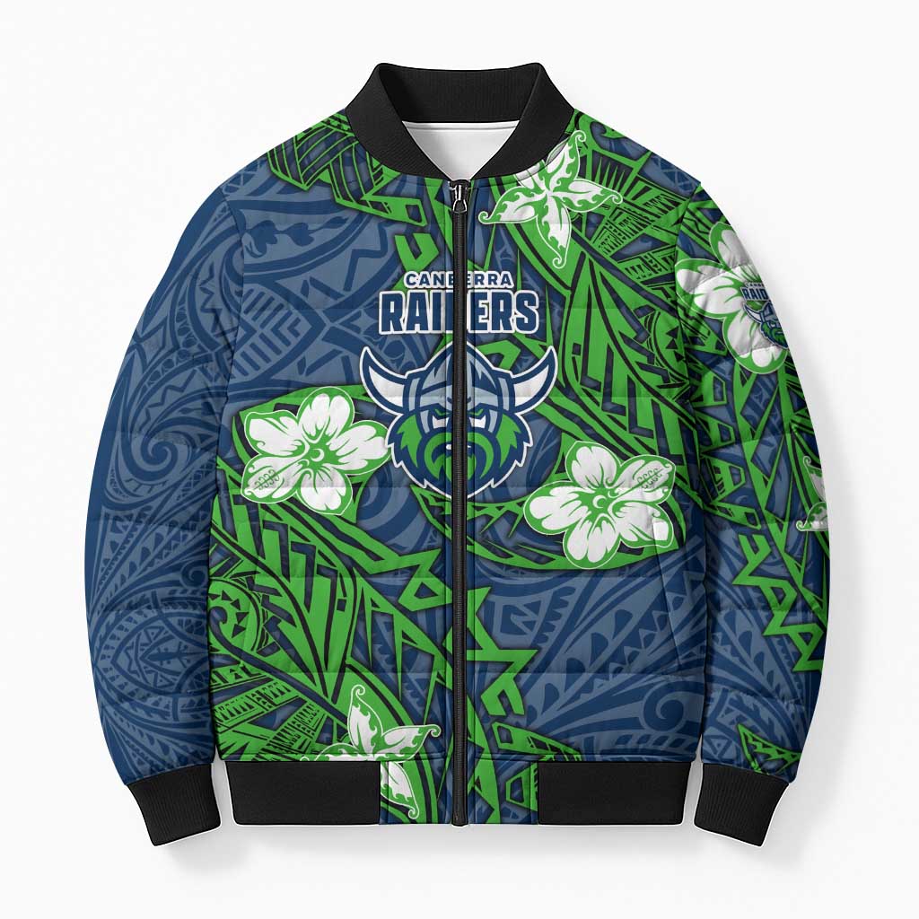 Personalised Canberra Raiders Bomber Puffer Jacket Polynesian Tribal Pattern With Rugby Viking Mascot Art