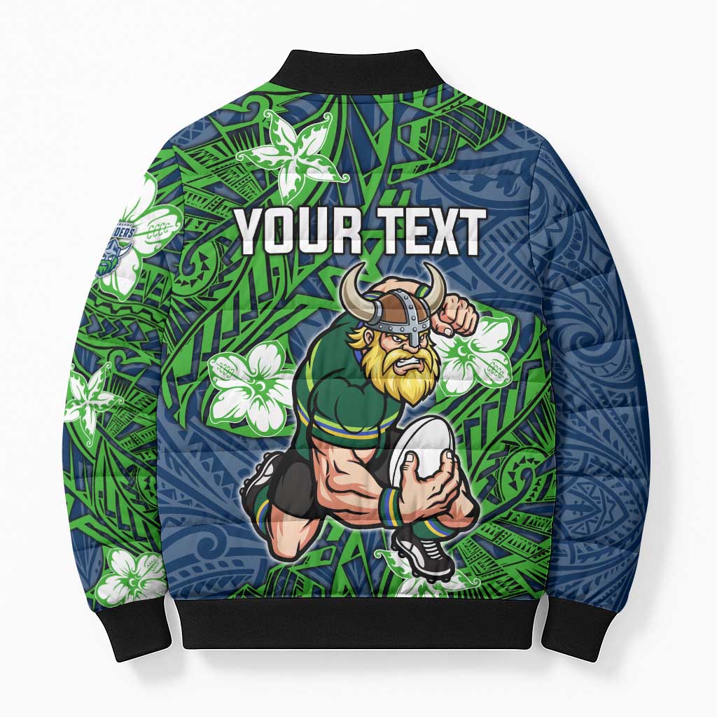 Personalised Canberra Raiders Bomber Puffer Jacket Polynesian Tribal Pattern With Rugby Viking Mascot Art