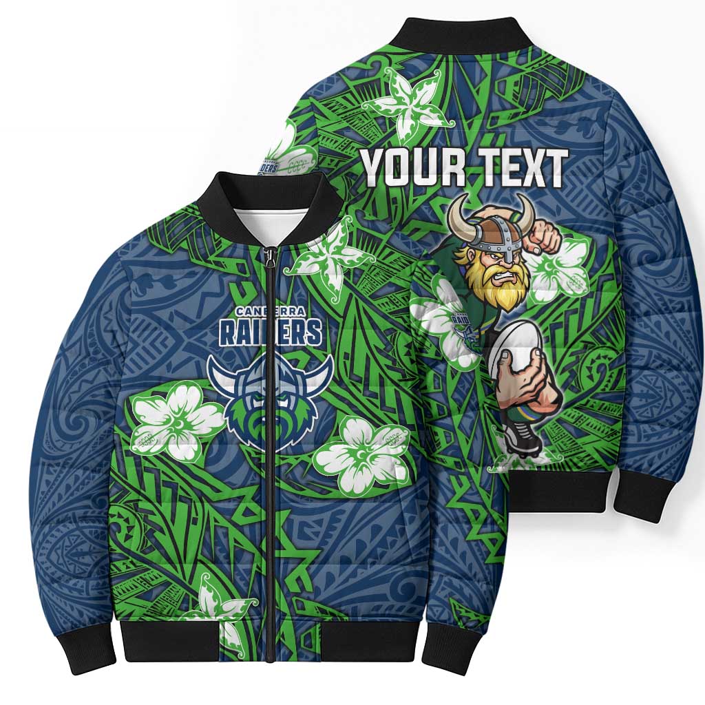 Personalised Canberra Raiders Bomber Puffer Jacket Polynesian Tribal Pattern With Rugby Viking Mascot Art