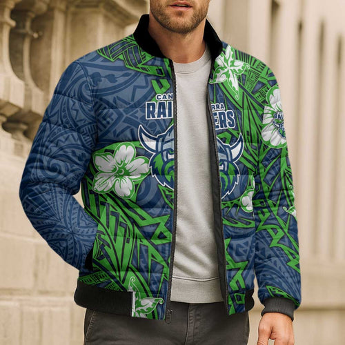 Personalised Canberra Raiders Bomber Puffer Jacket Polynesian Tribal Pattern With Rugby Viking Mascot Art