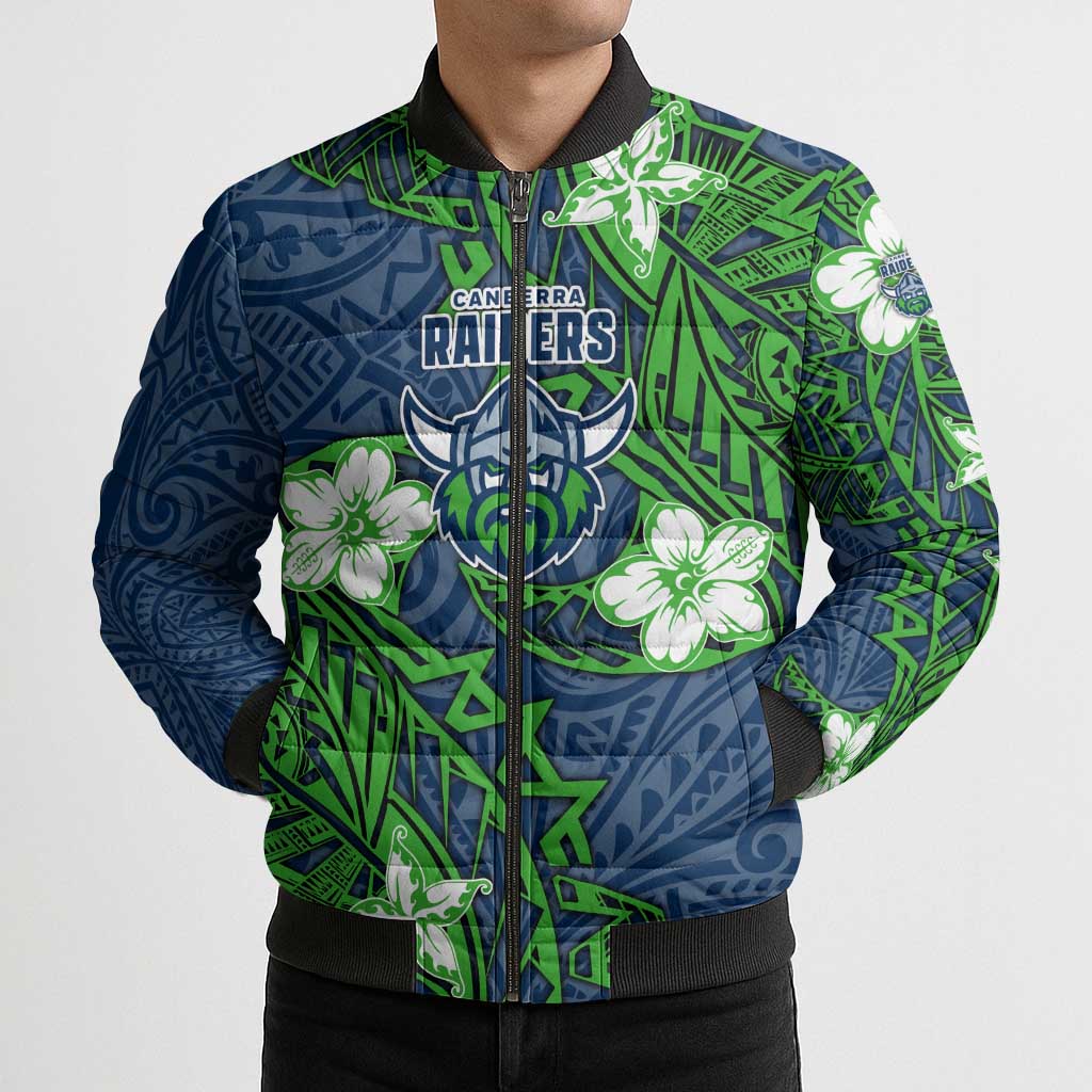 Personalised Canberra Raiders Bomber Puffer Jacket Polynesian Tribal Pattern With Rugby Viking Mascot Art