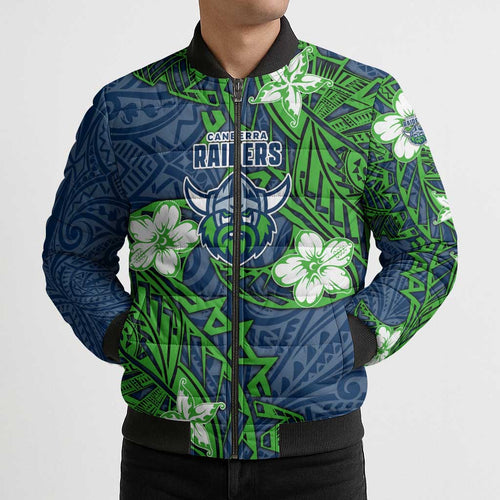 Personalised Canberra Raiders Bomber Puffer Jacket Polynesian Tribal Pattern With Rugby Viking Mascot Art