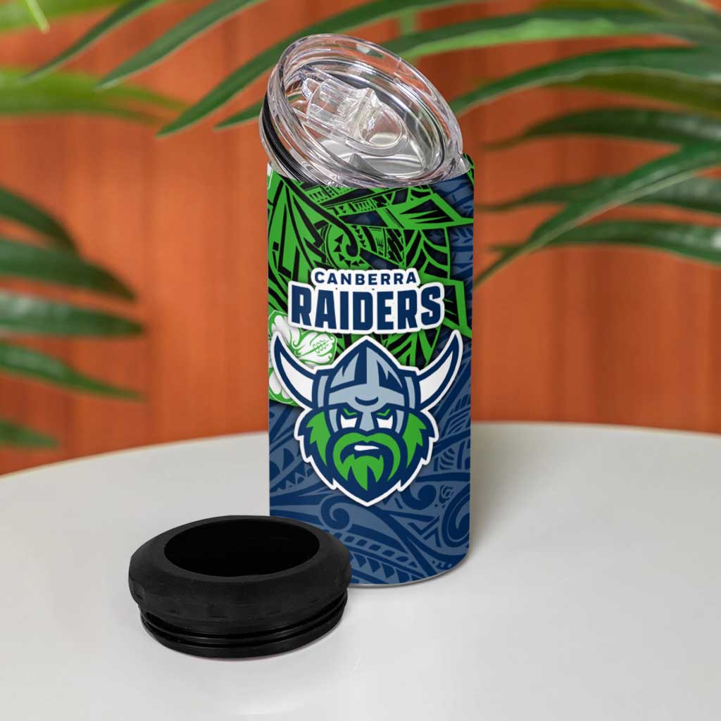 Personalised Canberra Raiders 4 in 1 Can Cooler Tumbler Polynesian Tribal Pattern With Rugby Viking Mascot Art