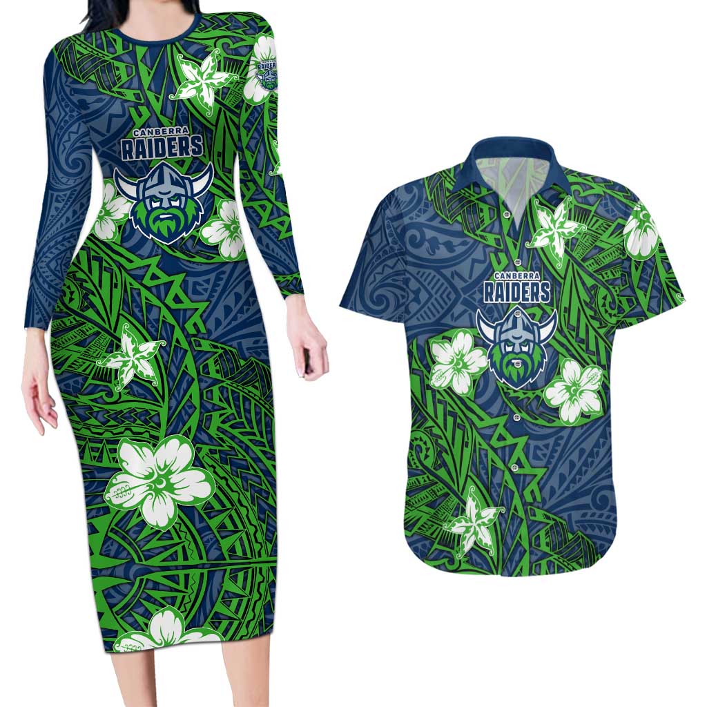 Personalised Canberra Raiders Couples Matching Long Sleeve Bodycon Dress and Hawaiian Shirt Polynesian Tribal Pattern With Rugby Viking Mascot Art