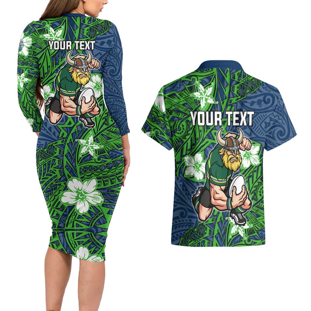 Personalised Canberra Raiders Couples Matching Long Sleeve Bodycon Dress and Hawaiian Shirt Polynesian Tribal Pattern With Rugby Viking Mascot Art