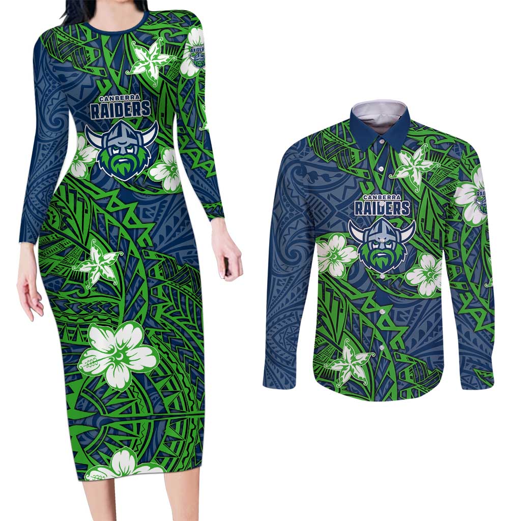 Personalised Canberra Raiders Couples Matching Long Sleeve Bodycon Dress and Long Sleeve Button Shirt Polynesian Tribal Pattern With Rugby Viking Mascot Art