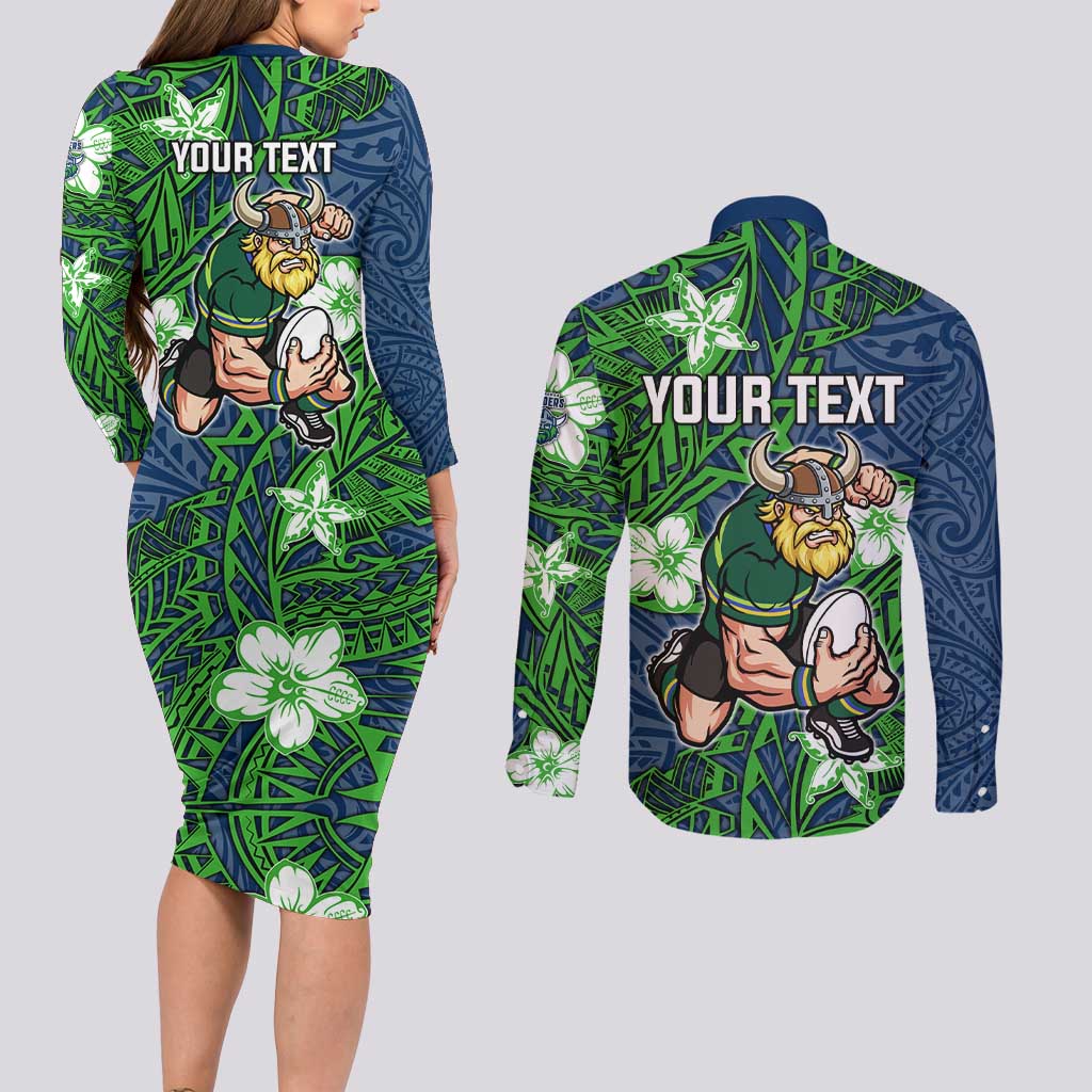 Personalised Canberra Raiders Couples Matching Long Sleeve Bodycon Dress and Long Sleeve Button Shirt Polynesian Tribal Pattern With Rugby Viking Mascot Art