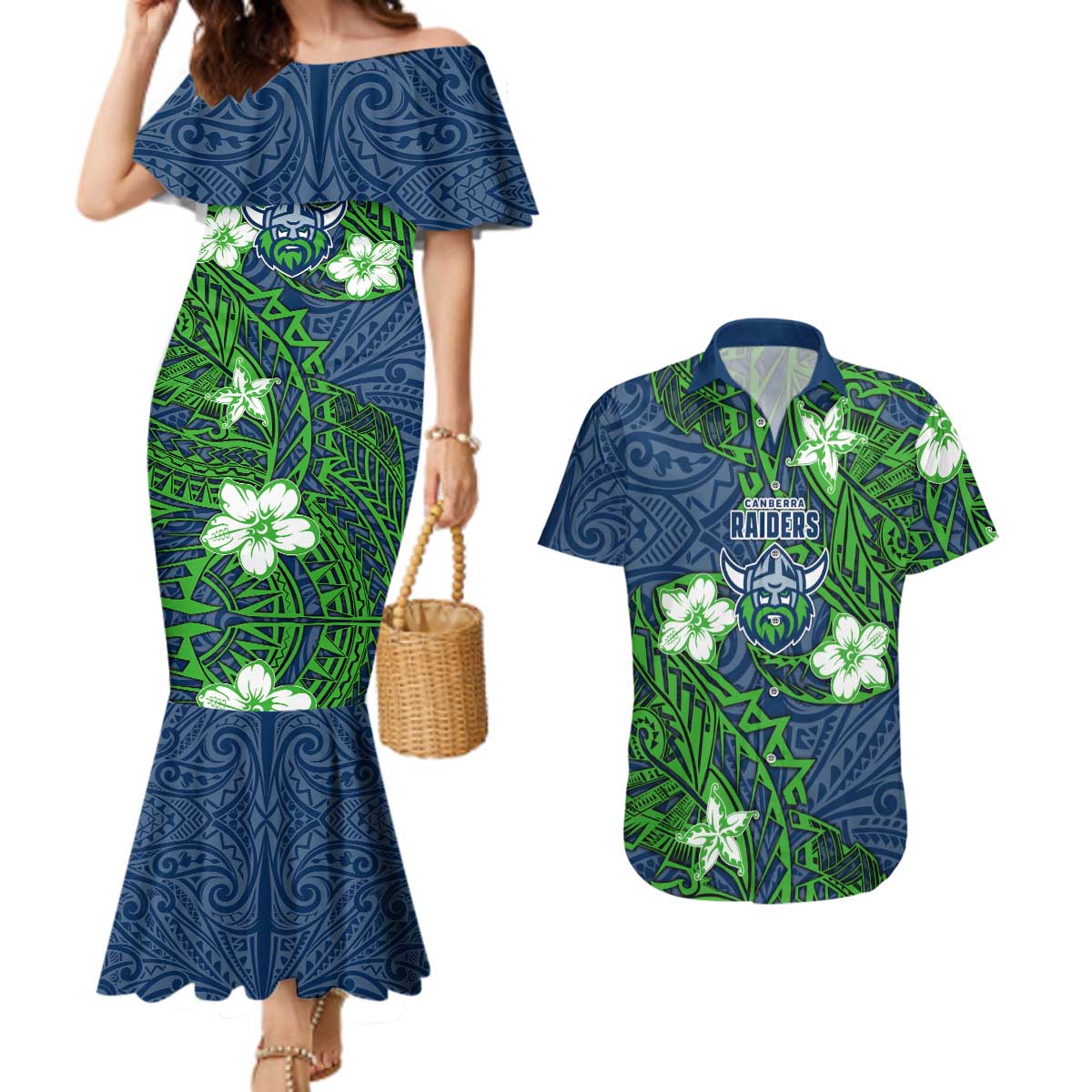 Personalised Canberra Raiders Couples Matching Mermaid Dress and Hawaiian Shirt Polynesian Tribal Pattern With Rugby Viking Mascot Art