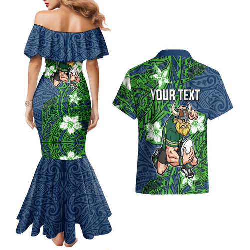 Personalised Canberra Raiders Couples Matching Mermaid Dress and Hawaiian Shirt Polynesian Tribal Pattern With Rugby Viking Mascot Art
