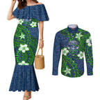 Personalised Canberra Raiders Couples Matching Mermaid Dress and Long Sleeve Button Shirt Polynesian Tribal Pattern With Rugby Viking Mascot Art
