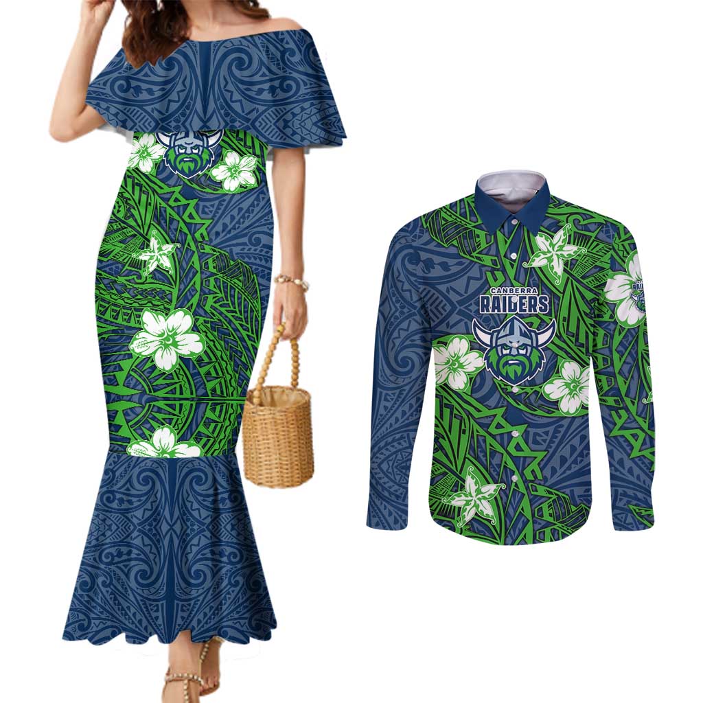 Personalised Canberra Raiders Couples Matching Mermaid Dress and Long Sleeve Button Shirt Polynesian Tribal Pattern With Rugby Viking Mascot Art