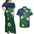 Personalised Canberra Raiders Couples Matching Off Shoulder Maxi Dress and Hawaiian Shirt Polynesian Tribal Pattern With Rugby Viking Mascot Art