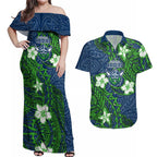 Personalised Canberra Raiders Couples Matching Off Shoulder Maxi Dress and Hawaiian Shirt Polynesian Tribal Pattern With Rugby Viking Mascot Art