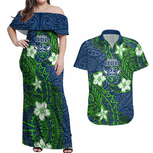 Personalised Canberra Raiders Couples Matching Off Shoulder Maxi Dress and Hawaiian Shirt Polynesian Tribal Pattern With Rugby Viking Mascot Art