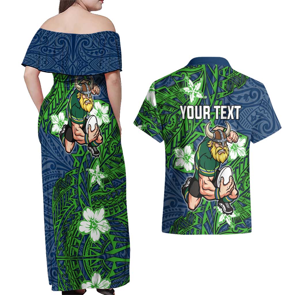 Personalised Canberra Raiders Couples Matching Off Shoulder Maxi Dress and Hawaiian Shirt Polynesian Tribal Pattern With Rugby Viking Mascot Art