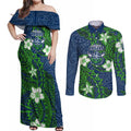 Personalised Canberra Raiders Couples Matching Off Shoulder Maxi Dress and Long Sleeve Button Shirt Polynesian Tribal Pattern With Rugby Viking Mascot Art