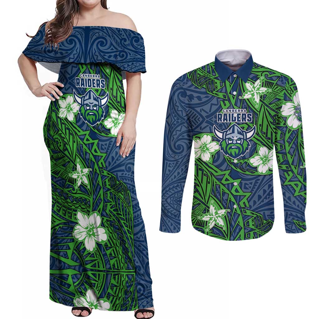 Personalised Canberra Raiders Couples Matching Off Shoulder Maxi Dress and Long Sleeve Button Shirt Polynesian Tribal Pattern With Rugby Viking Mascot Art