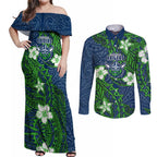 Personalised Canberra Raiders Couples Matching Off Shoulder Maxi Dress and Long Sleeve Button Shirt Polynesian Tribal Pattern With Rugby Viking Mascot Art