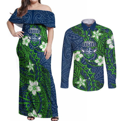 Personalised Canberra Raiders Couples Matching Off Shoulder Maxi Dress and Long Sleeve Button Shirt Polynesian Tribal Pattern With Rugby Viking Mascot Art