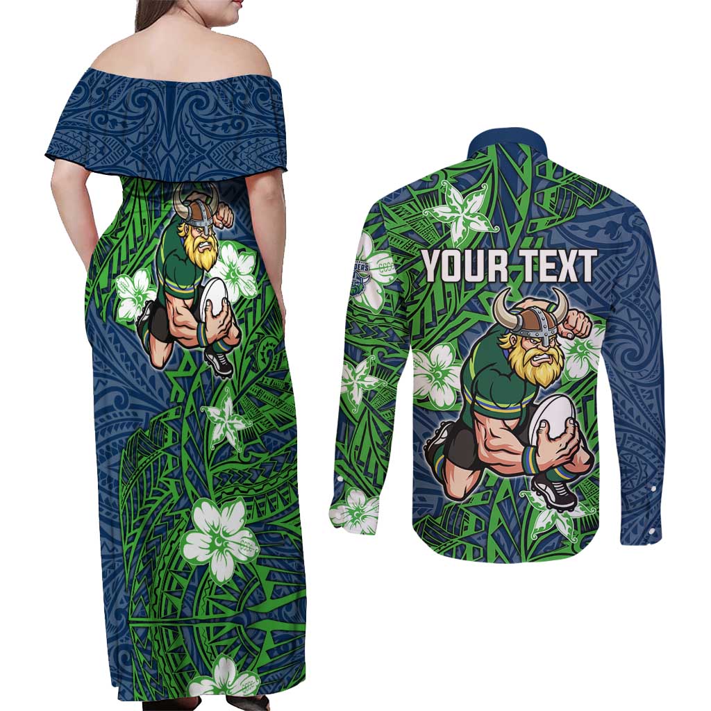 Personalised Canberra Raiders Couples Matching Off Shoulder Maxi Dress and Long Sleeve Button Shirt Polynesian Tribal Pattern With Rugby Viking Mascot Art
