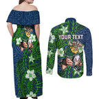 Personalised Canberra Raiders Couples Matching Off Shoulder Maxi Dress and Long Sleeve Button Shirt Polynesian Tribal Pattern With Rugby Viking Mascot Art