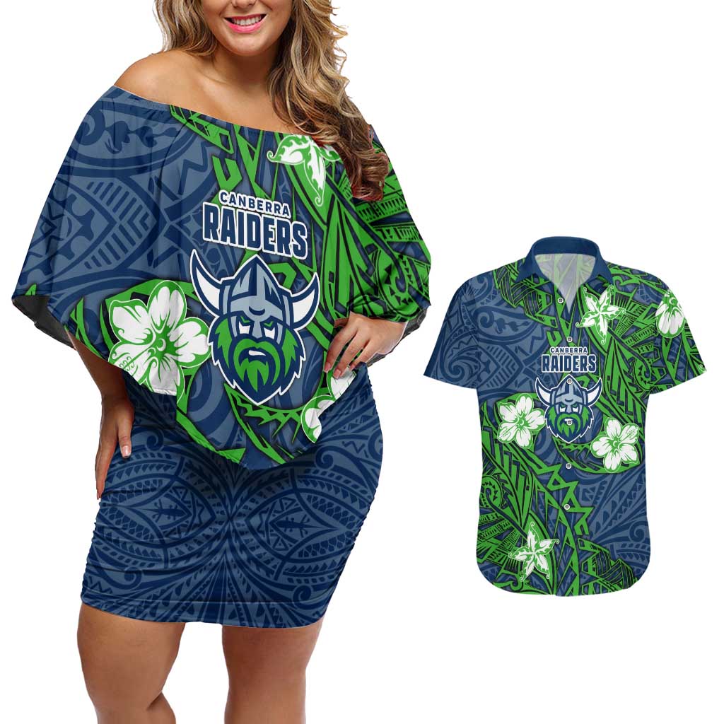 Personalised Canberra Raiders Couples Matching Off Shoulder Short Dress and Hawaiian Shirt Polynesian Tribal Pattern With Rugby Viking Mascot Art