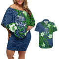 Personalised Canberra Raiders Couples Matching Off Shoulder Short Dress and Hawaiian Shirt Polynesian Tribal Pattern With Rugby Viking Mascot Art